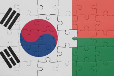 Macadagaskar 'ın renkli ulusal bayrağı ve Güney Kore bayrağıyla ilgili bulmacalar. konsept