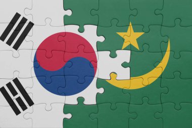Mauritania 'nın renkli ulusal bayrağı ve Güney Kore bayrağının bulmacası. konsept