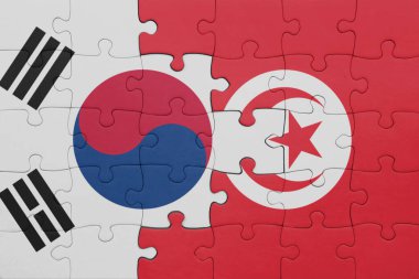 Tunus 'un renkli ulusal bayrağı ve Güney Kore bayrağının bulmacası. konsept