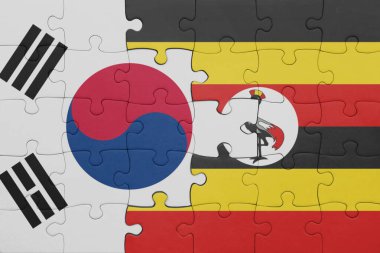 Uganda 'nın renkli ulusal bayrağı ve Güney Kore bayrağıyla ilgili bulmacalar. konsept