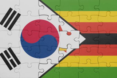 Zimbabwe 'nin renkli ulusal bayrağı ve Güney Kore bayrağıyla ilgili bulmacalar. konsept