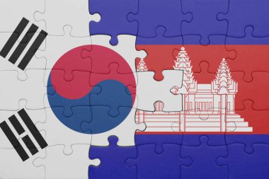 Kamboçya 'nın renkli ulusal bayrağı ve Güney Kore bayrağının bulmacası. konsept