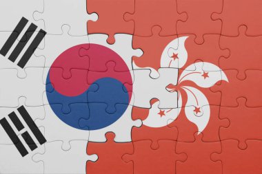 Hong Kong 'un renkli ulusal bayrağı ve Güney Kore bayrağının bulmacası. konsept