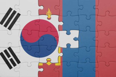 Moğolistan 'ın renkli ulusal bayrağı ve Güney Kore bayrağıyla ilgili bulmacalar. konsept