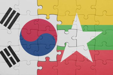 Myanmar 'ın renkli ulusal bayrağı ve Güney Kore bayrağı. konsept