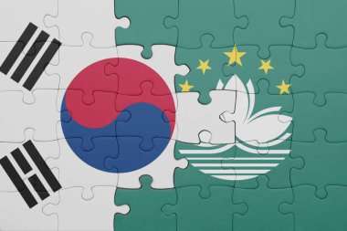 Macau 'nun renkli ulusal bayrağı ve Güney Kore bayrağı. konsept