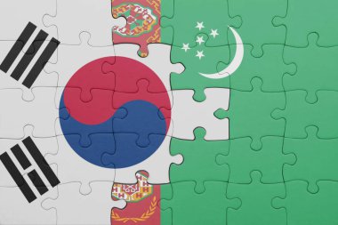 Türkmenistan 'ın renkli ulusal bayrağı ve Güney Kore bayrağının bulmacası. konsept