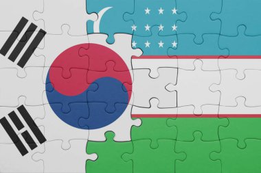 Özbekistan 'ın renkli ulusal bayrağı ve Güney Kore bayrağıyla ilgili bulmacalar. konsept