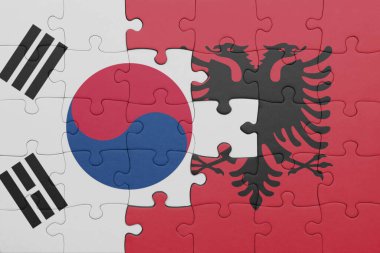 Albania 'nın renkli ulusal bayrağı ve Güney Kore bayrağıyla ilgili bulmacalar. konsept