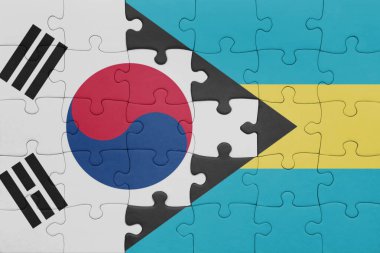 Bahamalar 'ın renkli ulusal bayrağı ve Güney Kore bayrağı. konsept