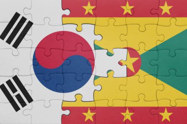 Grenada bayrağı ve Güney Kore bayrağının rengarenk yapbozu. konsept