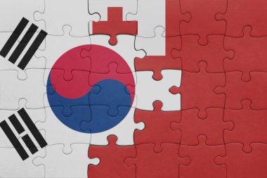 Tonga 'nın renkli ulusal bayrağı ve Güney Kore bayrağı. konsept