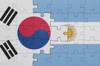 Arjantin 'in renkli ulusal bayrağı ve Güney Kore bayrağının bulmacası. konsept