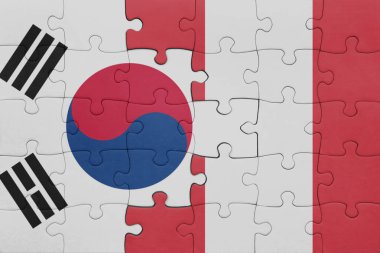 Peru 'nun renkli ulusal bayrağı ve Güney Kore bayrağıyla ilgili bulmacalar. konsept