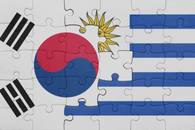 Uruguay 'ın renkli ulusal bayrağı ve Güney Kore bayrağının bulmacası. konsept