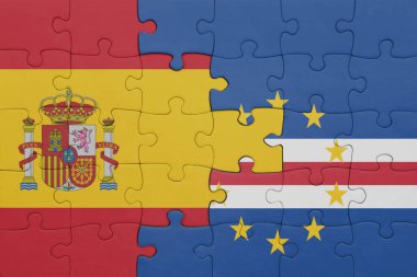 Pelerin ve İspanya bayrağının renkli ulusal bayrağıyla bulmaca. konsept