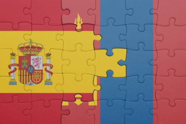 Moğolistan 'ın renkli ulusal bayrağı ve İspanya bayrağı. konsept