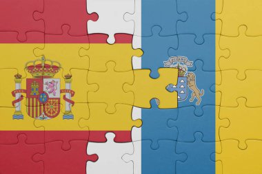 Kanarya adalarının renkli ulusal bayrağı ve İspanya bayrağı. konsept