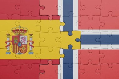 Norveç 'in renkli ulusal bayrağı ve İspanya bayrağı ile ilgili bulmacalar. konsept