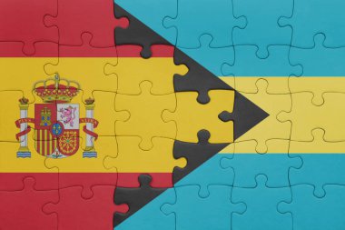 Bahamalar 'ın renkli ulusal bayrağı ve İspanya bayrağı ile bulmaca. konsept