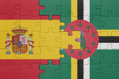 Dominica 'nın renkli ulusal bayrağı ve İspanya bayrağıyla ilgili bulmacalar. konsept