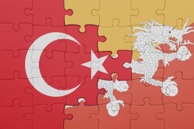 Bhutan bayrağı ve hindi bayraklarıyla dolu renkli bir bulmaca. konsept