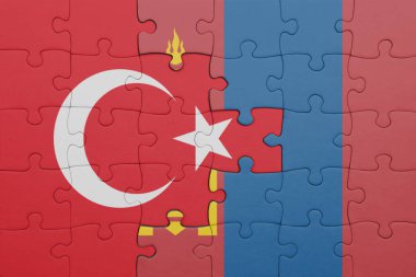 Moğolistan 'ın renkli ulusal bayrağı ve hindi bayraklarıyla dolu bir bulmaca. konsept