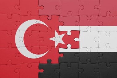 Yemen bayrağı ve hindi bayraklarıyla dolu renkli bir bulmaca. konsept