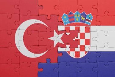 Hırvat bayrağı ve hindi bayraklarıyla dolu renkli bir yapboz. konsept