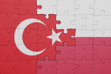 Polonya bayrağı ve hindi bayraklarıyla dolu renkli bir bulmaca. konsept