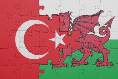 Galler 'in renkli ulusal bayrağı ve hindi bayrağı ile bulmaca. konsept