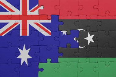 Libya 'nın renkli ulusal bayrağı ve Avustralya bayrağı ile bulmaca. konsept