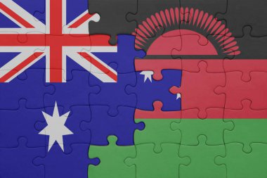 Malawi 'nin renkli ulusal bayrağı ve Avustralya bayrağı ile ilgili bulmacalar. konsept