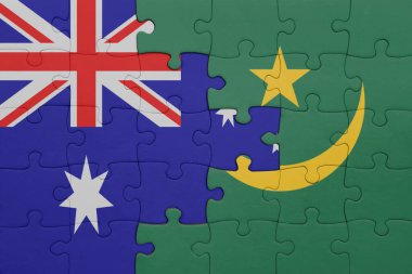 Mauritania 'nın renkli ulusal bayrağı ve Avustralya bayrağı ile ilgili bulmacalar. konsept