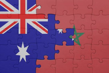 Fas 'ın renkli ulusal bayrağı ve Avustralya bayrağının bulmacası. konsept