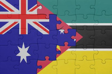 Mozambik 'in renkli ulusal bayrağı ve Avustralya bayrağıyla ilgili bulmacalar. konsept