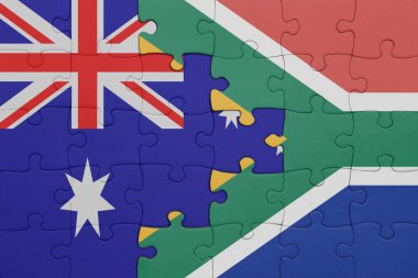 Güney Afrika 'nın renkli ulusal bayrağı ve Avustralya bayrağıyla ilgili bulmacalar. konsept