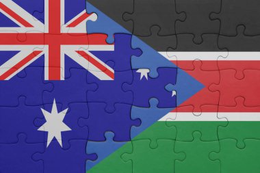 Güney Sudan 'ın renkli ulusal bayrağı ve Avustralya bayrağıyla ilgili bulmacalar. konsept