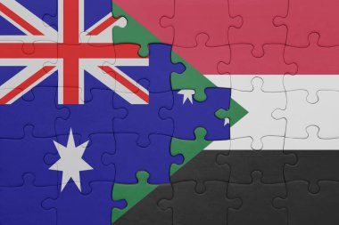 Sudan 'ın renkli ulusal bayrağı ve Avustralya bayrağı ile bulmaca. konsept