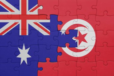 Tunus 'un renkli ulusal bayrağı ve Avustralya bayrağı ile ilgili bulmacalar. konsept