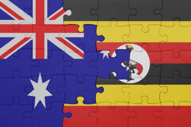 Uganda ve Avustralya bayrağının renkli ulusal bayrağıyla bulmaca. konsept