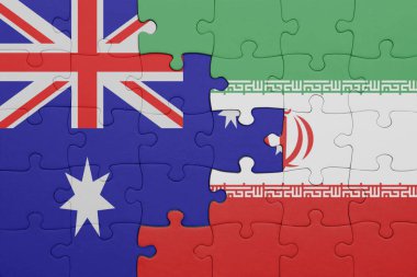 İran 'ın renkli ulusal bayrağı ve Avustralya bayrağı ile ilgili bulmacalar. konsept