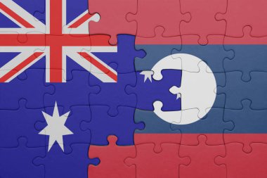 Laos 'un renkli ulusal bayrağı ve Avustralya bayrağı ile bulmaca. konsept