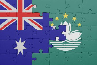 Macau 'nun renkli ulusal bayrağı ve Avustralya bayrağı ile bulmaca. konsept