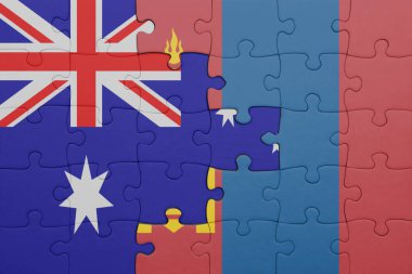 Moğolistan 'ın renkli ulusal bayrağı ve Avustralya bayrağıyla ilgili bulmacalar. konsept