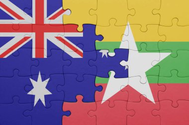 Myanmar 'ın renkli ulusal bayrağı ve Avustralya bayrağı. konsept