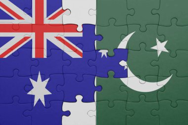 Pakistan 'ın renkli ulusal bayrağı ve Avustralya bayrağı ile ilgili bulmacalar. konsept