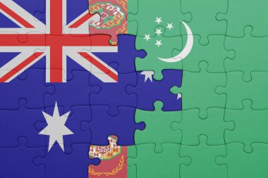 Türkmenistan 'ın renkli ulusal bayrağı ve Avustralya bayrağı ile ilgili bulmacalar. konsept