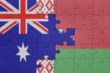 Beyaz Rusya bayrağı ve Avustralya bayrağının rengarenk yapbozu. konsept