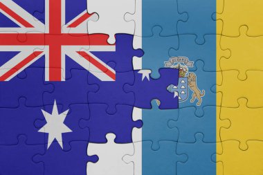 Kanarya adalarının renkli ulusal bayrağı ve Avustralya bayrağıyla ilgili bulmacalar. konsept
